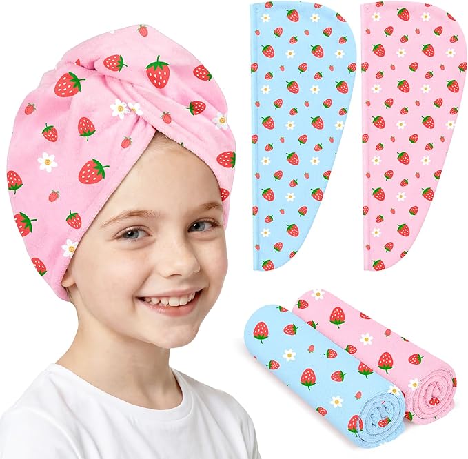Microfiber Hair Towel Wrap for Kids Hair Drying Towel Wrap with Button 2 Pack Wet Hair Towel Wrap Head Towels Wrap for Girls