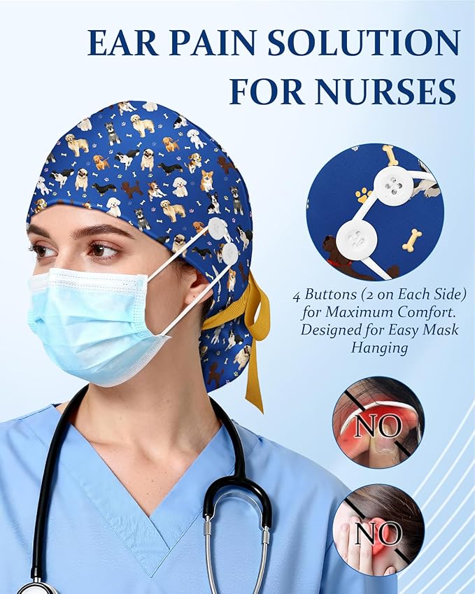 Plifal 100% Cotton Scrub Cap with Buttons-Nurse Cap with Sweatband for Women, Adjustable Working Hat,Satin Lined or Unlined