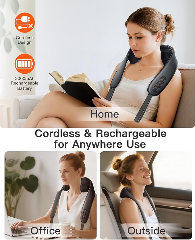 Neck Massager with Heat : Cordless Shoulder and Neck Massager for Pain Relief Deep Tissue - 3 Modes, 2 Intensity & 2 Heating Setting, Heated Kneading Massage Daily Comfort, Office and Home Use