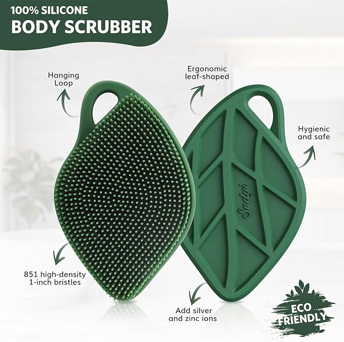 Sndyi Silicone Body Scrubber, Gentle Exfoliating Body Scrubber for Sensitive Skin, Leaf Shaped Shower Scrubber for Body with Lathering Bristles, Silicone Loofah Body Brush for Showering, Evergreen