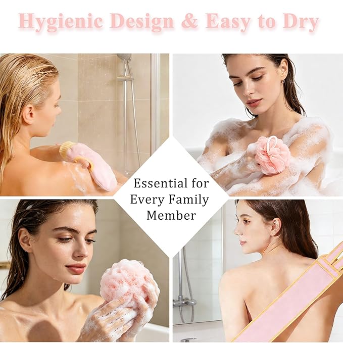 Exfoliating Glove and Back Scrubber for Shower - 3-Piece Exfoliating Mitt Set with Bath Sponge - Deep Skin Cleansing Body Scrubber for Dead Skin Removal, Self-Tan (Pink)