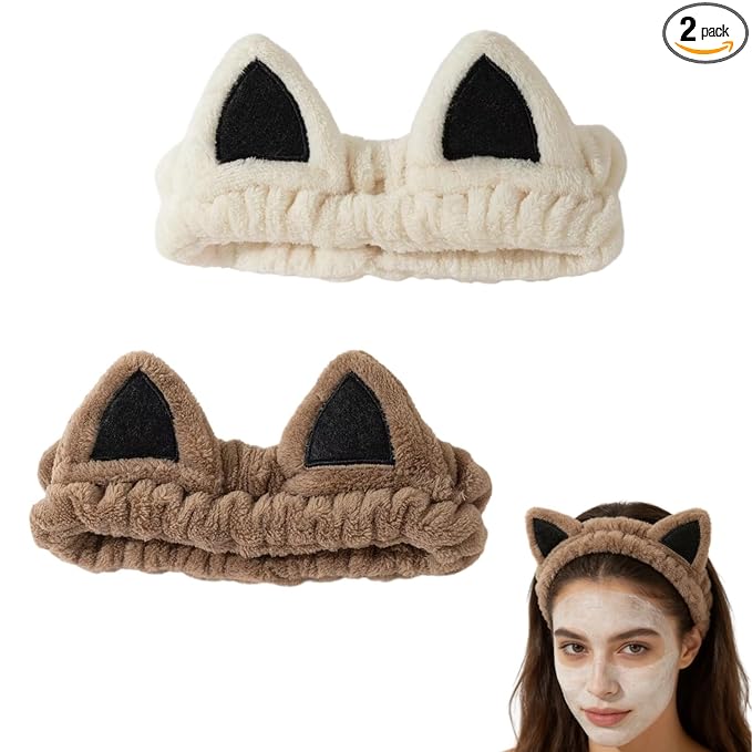 2 PCS Cute Cat Ear Spa Headband For Washing Face, Skincare Makeup Headbands For Women, Soft Coral Fleece Hair Accessories (Beige+ Khaki)