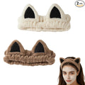 2 PCS Cute Cat Ear Spa Headband For Washing Face, Skincare Makeup Headbands For Women, Soft Coral Fleece Hair Accessories (Beige+ Khaki)