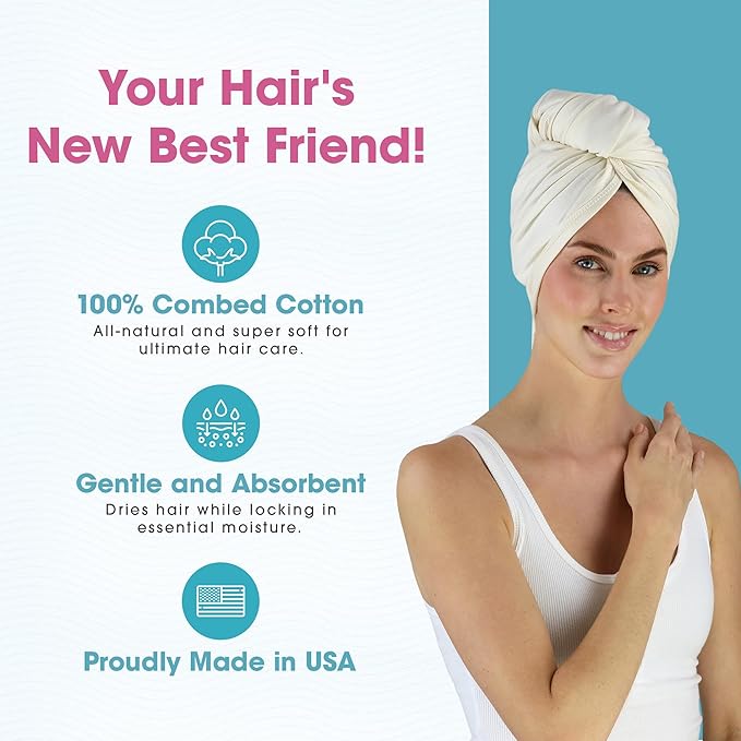 Hair RePear The Ultimate Hair Towel – Standard 21" x 44" Cotton Hair Towel for Wet Hair, Anti-Frizz Microfiber Alternative, Reduces Breakage, Gentle Fast Drying, No-Slip Fit Natural Greige