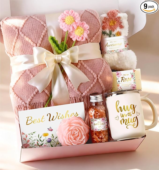 Coralogo Self Care Gift Baskets for Women - Rose Scent Pink Birthday Gifts Box for Women Get Well Soon Unique Mothers Day Relaxing Spa Gift Basket with Knit Blanket for Wife Mom Girlfriend Sister Her