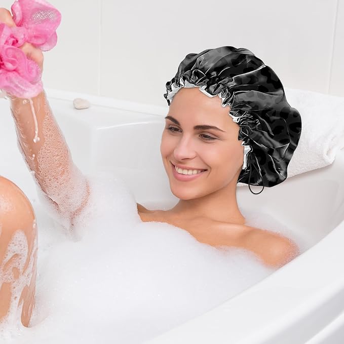 2 PCS Shower Cap Waterproof Double Layer Elastic Adjustable Reusable Hair Bath Caps for Girls Women Cute Aesthetic-Black