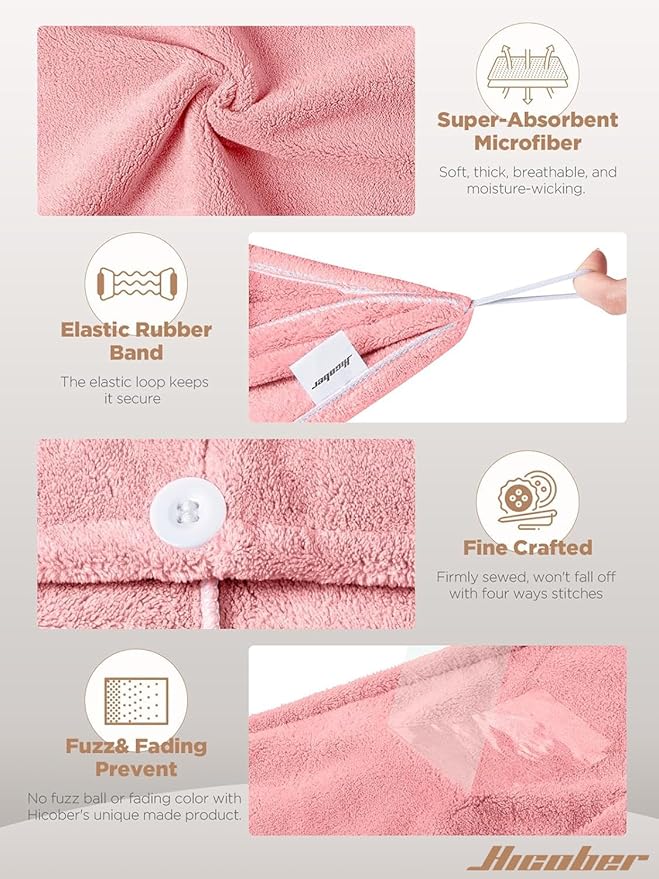 Hicober Microfiber Hair Towel, 2Packs Hair Turbans for Wet Hair, Drying Hair Wrap Towels for Curly Hair Women Anti Frizz(Pink,Grey)