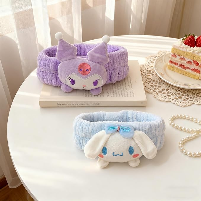 PERFECTSIGHT Kawaii Headband for Spa, Makeup, Washing Face, Party - 2 Pack Cute Hair Band for Shower Beauty Skincare, Soft Facial Headbands for Girls and Women (Purple+Blue)