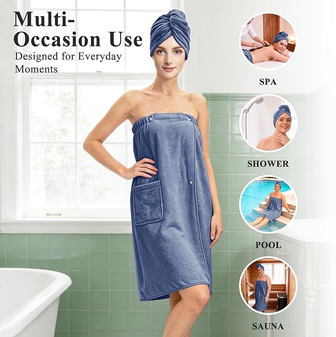 Women’s Adjustable Spa Wrap Towel Set, Microfiber Body Wrap Bathrobe with Matching Hair Towel, Super Absorbent & Quick Dry Shower Wrap for Home, Gym, Pool – Blue