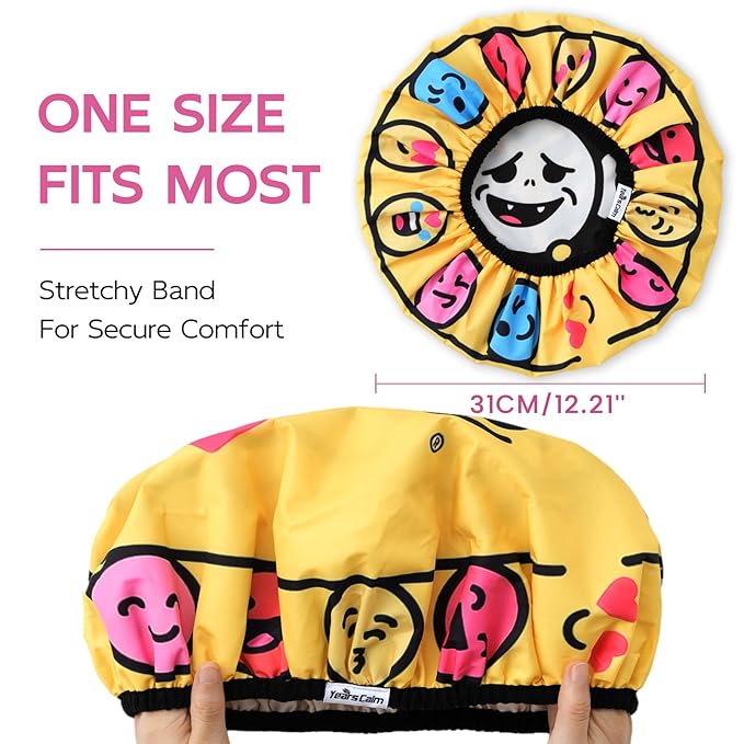 Years Calm Waterproof Shower Cap for Women - Double Sided Design for Long Thick Hair, Secure Fit & Flexible Elastic Band, Reusable Bath Cap for Shower, Spa, Travel (Mood Switch 6)
