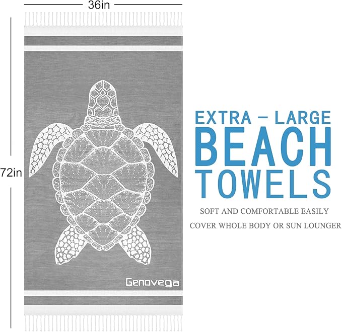 Genovega Oversized Cotton Turkish Beach Towels 72"x36" Lightweight Quick Dry Sandless Pool Swim Towel Large No Sand Compact Blanket Adult Travel Essentials Cruise Accessories Must Haves Grey Dolphin