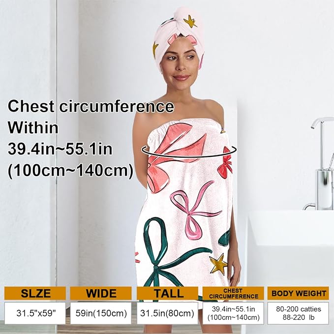 Gift Bow Bath Wrap with Hair Drying Cap – Microfiber Quick Dry Shower Towel Skirt and Turban Set for Women, Festive Ribbon Star Spa Gift (Bow 4)