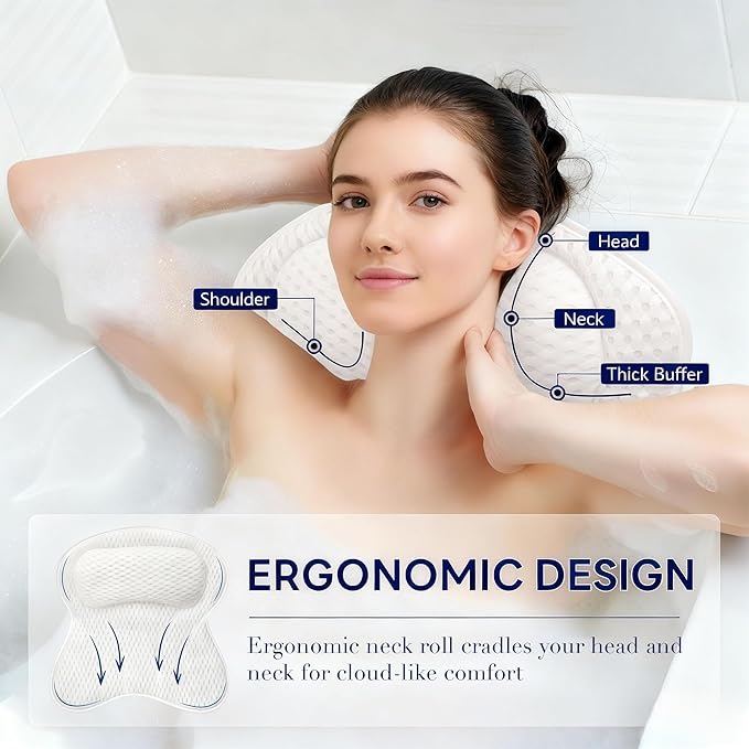 Luxury Bath Tub Pillows for Head and Neck, 4D Breathable Air Mesh Bath Pillow with Non-Slip Suction Cups, Ergonomic Back Support Spa Gifts with Silk Eye Mask