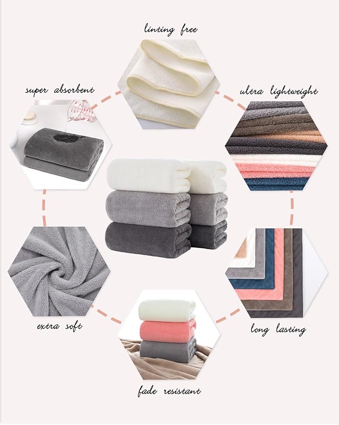 Lumimi Towels 6 Piece Multicolour Soft Microfiber Bath Towel Set Incredibly Absorbent Lightweight Quick Dry and Durable, 55" L x 27" W, 6 Pack White Dark Light Grey