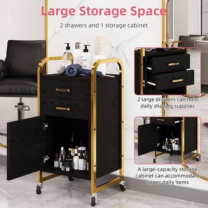 4ever2buy Black and Gold Salon Trolley Cart with Wheels, Salon Cart with Drawers and Cabinet, Rolling Cart for Hair Stylist, Professional Salon Stations Organizer