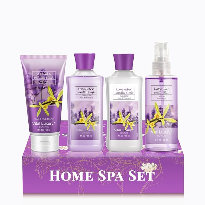 Bath & Body Travel Kit - Lavender Vanilla Blush Fragrance Mist, Body Lotion, Shower Gel, and Body Cream - Ideal 3 Fl Oz Skincare Gift Set for Home Spa