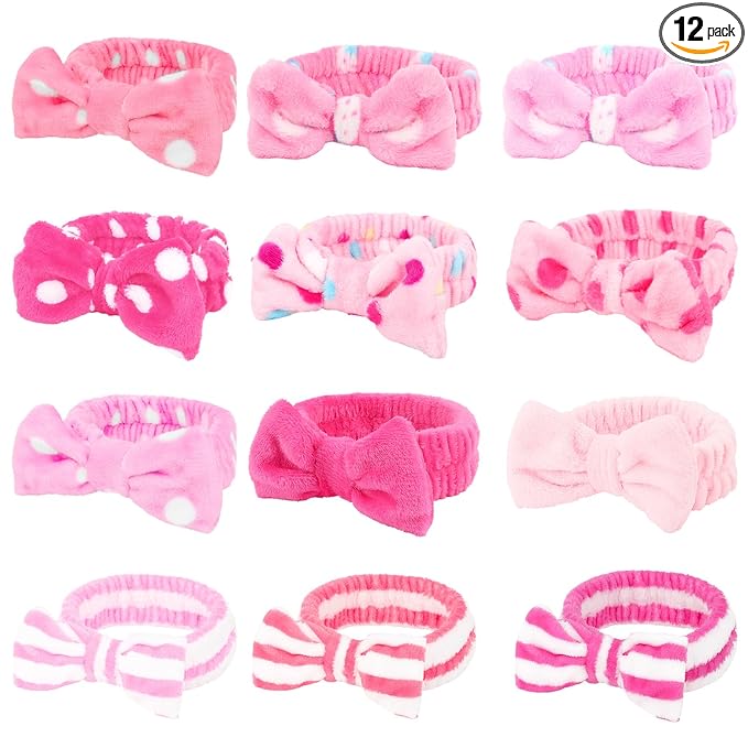 Casoty 12 Pcs Hair Makeup Headbands, Spa Headband for Washing Face, Soft Coral Fleece Headbands for Makeup, Bow Hair Band for Face Washing Shower Skin Care Yoga