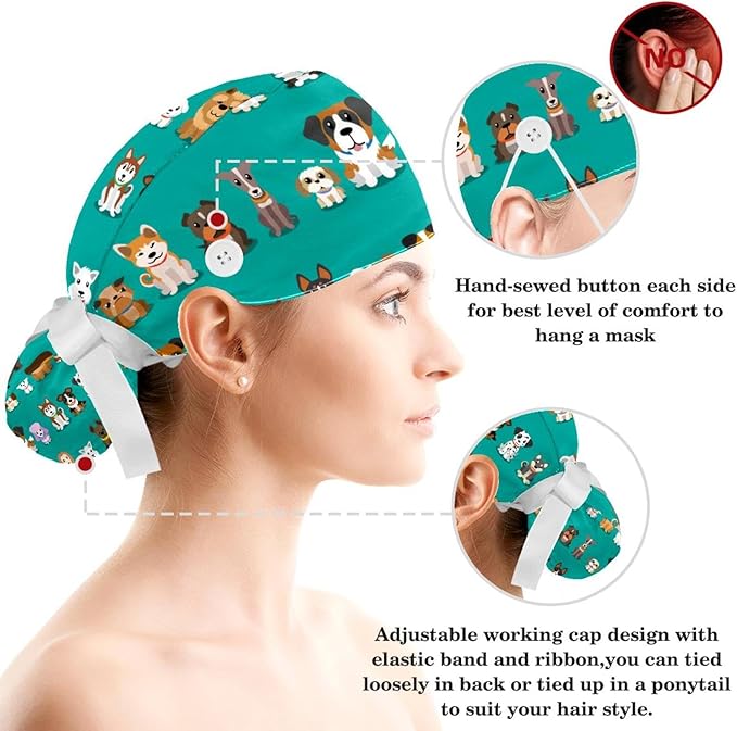 Ethnic Aztec Pattern Adjustable Scrub Cap Hat with Button, Working Hat Sweatband with Bow Hair Scrunchy for Woman