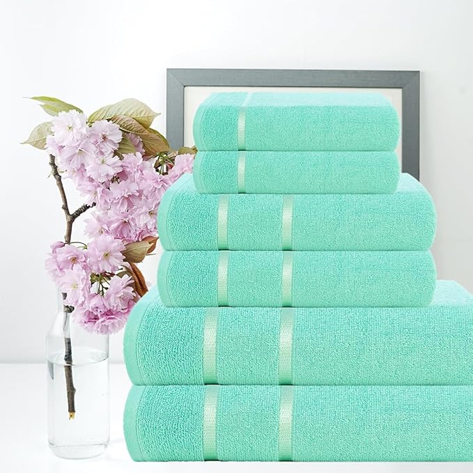 CASA COPENHAGEN Eternal 6Pcs 100% Egyptian Cotton Large Designer Towels Gift Set- Aqua Blue, 500 GSM, 2Bath 2Hand 2Washcloths, Bath Towels for Bathroom Set for Women & Men