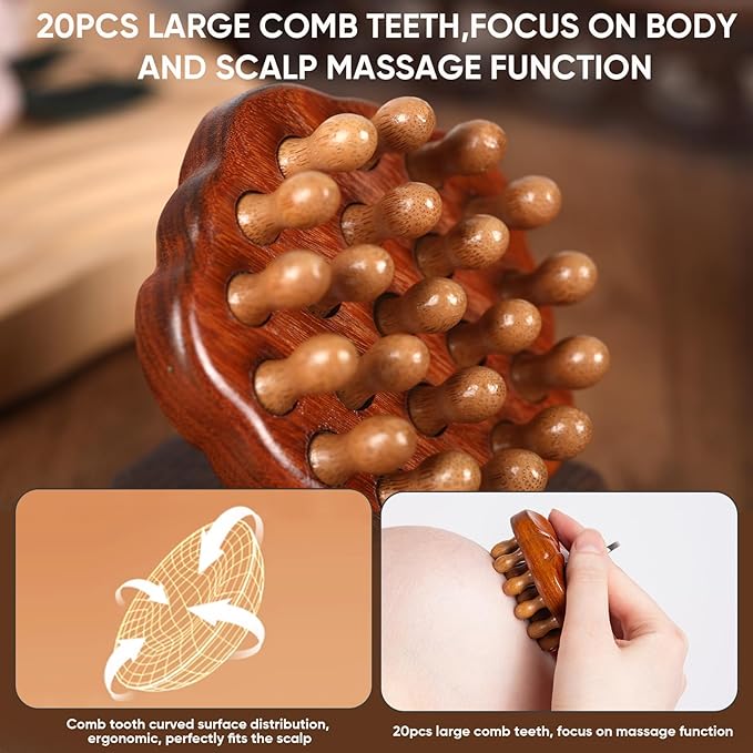 Wooden Massage Massager for Hair Growth,Head Scalp Comb,Manual Body Relax Massage Tool,Hair Brush Massager,Flower Design with Ring (20PCS Big Tooth)