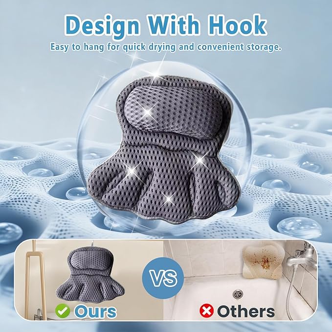Luxury Bath Pillow for Tub - 4D Air Mesh Head/Neck/Back Support with 6 Non-Slip Suction Cups (Gray)