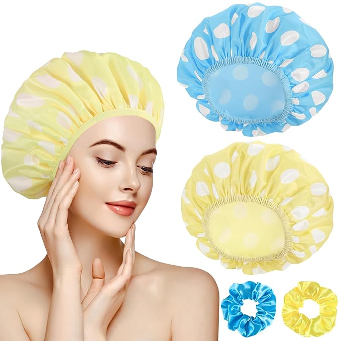 WSICSE 2 Packs Large Shower Cap, Waterproof Reusable Shower Cap Double Layers Hat Bath Caps with Hair Scrunchies for Home Spa Salon, blue, yellow