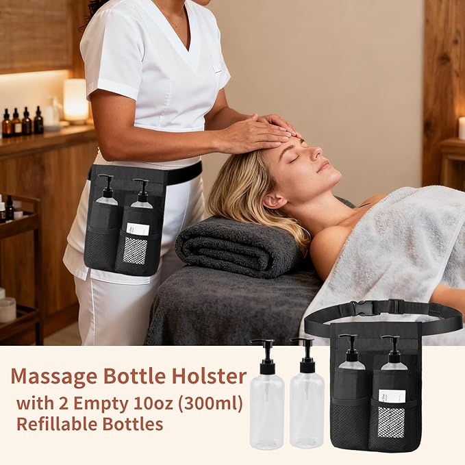 Massage Bottle Holster Single Kit - Incl. 2 Bottle,Machine Washable Massage Lotion Holster with Air Mesh ，Adjustable Strap for Massage Oil & Massage Lotion (2X 10oz)