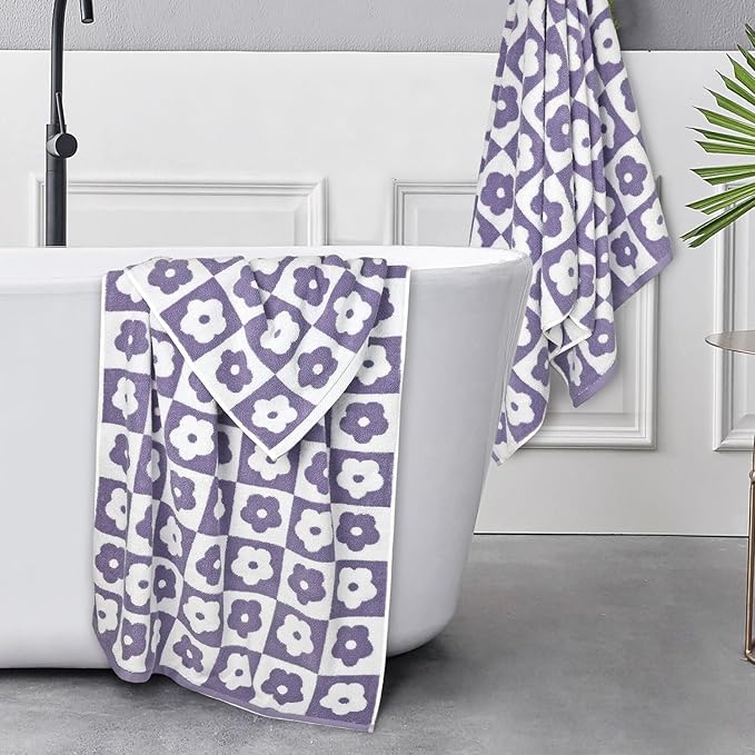 Jacquotha 2-Pieces Luxury Bath Towels Checkered Floral, Purple Towels for Women Girls Shower Body 27.5x55 Inches, Cute Bathroom Decor, Cotton