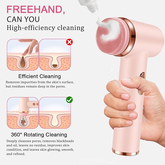 Electric Facial Cleansing Brush with 4 Brush Heads & 5 Speeds - IPX6 Waterproof, Type-C Fast Charging - for Deep Cleansing, Exfoliating, Pore Minimizing & Makeup Removal (Pink)
