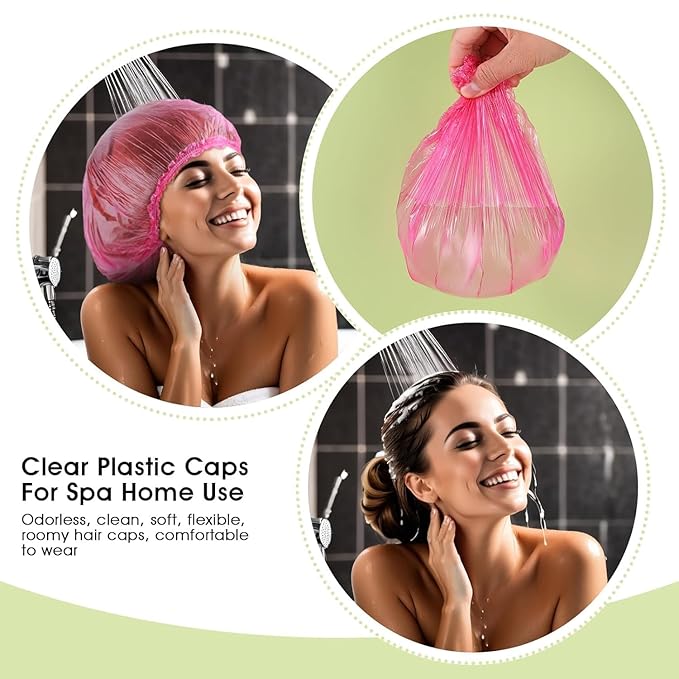 100 Pcs Pink Disposable Shower Caps,Shower Caps for Women Plastic Caps Hat Large Cap Elastic Hair Cap for Home Use Hotel Spa Hair Salon,Personal Care Bathing Accessories