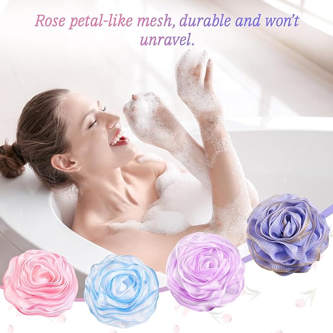 LAYUKI Bath Loofah, Shower Sponge, Body Scrubber, Rose-Shaped, Elegant (Set of 4 Pieces)
