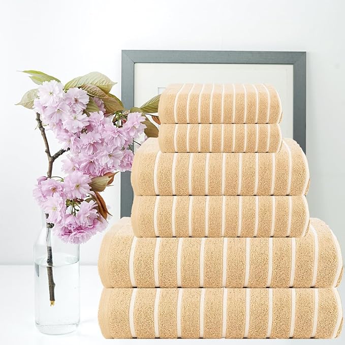 CASA COPENHAGEN Ecstatic 6Pcs 100% Egyptian Cotton Large Designer Towels Gift Set- Cream, 600GSM, 2Bath 2Hand 2Washcloths, Bath Towels for Bathroom Set for Women & Men