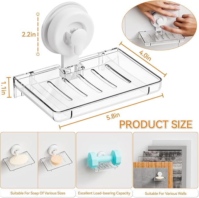 SUOXING 2 Pack Bar of Soap Holder for Shower with Suction Cup,Rustproof Wall Mounted Acrylic Shower Soap Rack & Caddy for Bathroom,Bath,Kitchen,Plastic Self Draining Soap Holder and Soap Shelf,Clear