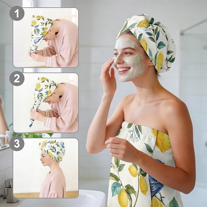 Absorbent Bath Towel Wrap Set for Women, Hummingbird Lemon Print Towel Wrap After Shower, Microfiber Shower Robe Body Towel Wraps for Women, Quick Dry Hair Towels Wraps for Spa Hotel Beach Girl