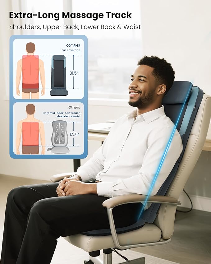 COMFIER Shiatsu Back Massager with Heat, Dual Motor 3D Rollers, Long Track Deep Tissue Kneading, Foldable Massage Chair Pad with Adjustable Height for Back Tension & Muscle Stiffness