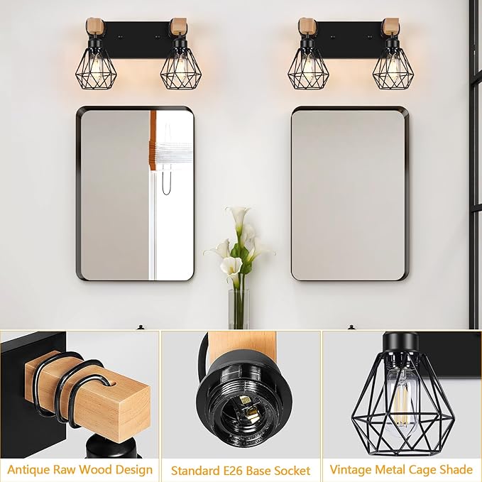 FadimiKoo 2-Light Rustic Style Wood Bathroom Wall Sconce, Farmhouse Vanity Lighting Fixture fopr Bathroom, Industrial Wood Wall Light Over Mirror with Metal Shade, Bulbs Not Included