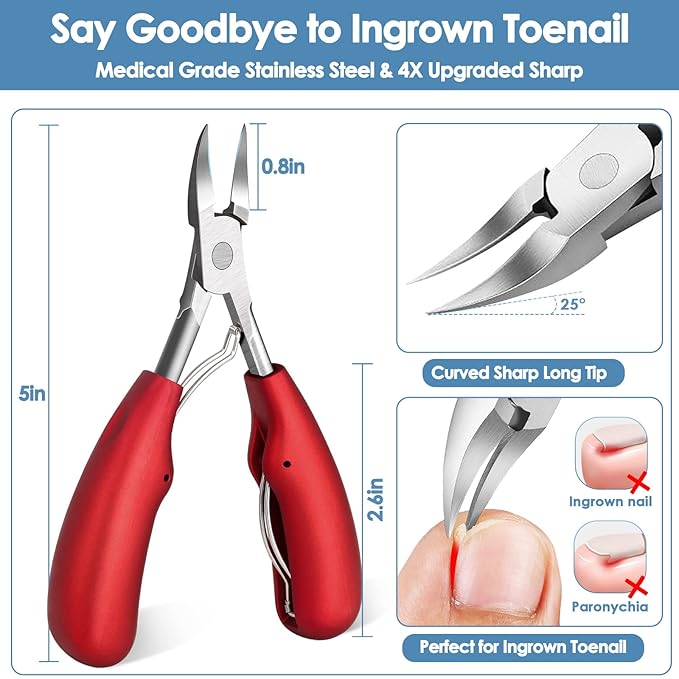 Modacraft Podiatrist Toenail Clippers, Professional Thick & Ingrown Toe Nail Clippers for Men Seniors, Ingrown Toenail Treatment Removal Kit with Nail Cutter Super Sharp Blade Soft Anti-Slip Handle