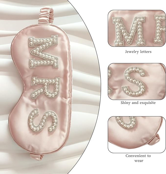 Bride Sleep Mask, Bride Eye Mask, Mrs Satin Bridal Eye Maskes Soft Sleep Maskes for Honeymoon Travel Meditation, Mrs Pearl Bridal Gifts to Adjust Night Sleeping, Sleeping Masks for Wedding (Pink-Mrs)