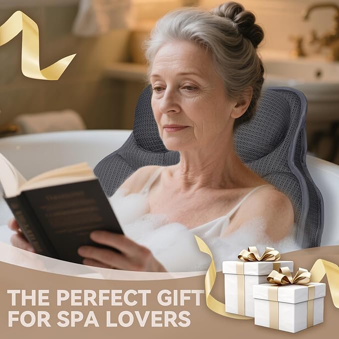 Bath Pillows for Tub - Luxury Bathtub Pillow Neck, Head, Back Support, Soft 5D Mesh Fabric and Non-Slip Suction Cups & Quick Dry, Comfort Fits All Tubs, Relaxation Spa Gift, Grey
