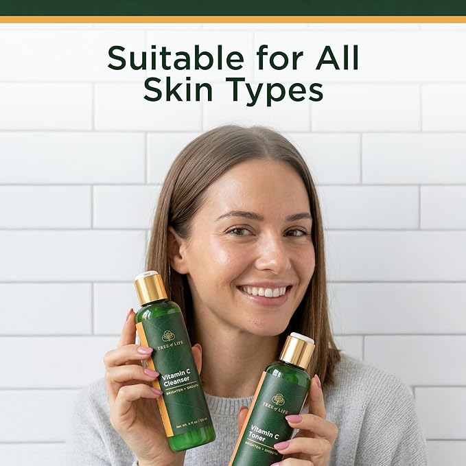 Tree of Life Beauty Vitamin C Brightening Face Care, Minimizing Pores & Facial Cleanser for Gentle Deep Cleaning with Organic Aloe, Clean Dermatologist-Tested Skin Care (Toner & Cleanser 2 X 4 Fl Oz)