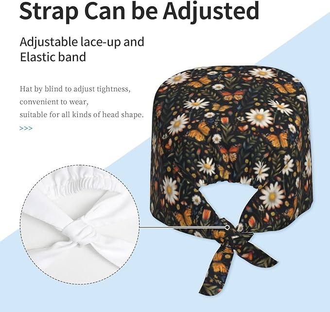 Scrub Cap for Women and Men Boho Black Leaf Pattern Adjustable Breathable Sweatband Hat for Work Kitchen Spa Shower Daily Use