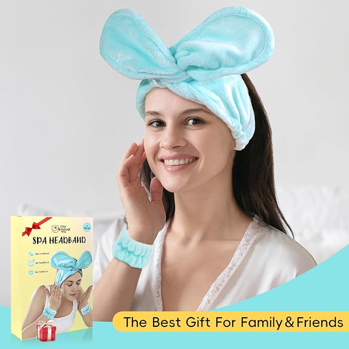 my novel things Face Wash Headband Set Adjustable Makeup Hair Headbands, Cute Spa Skincare Headband and Wristband Set 4PK, Ideal for Face Washing Coral Velvet for Girl Women Gift