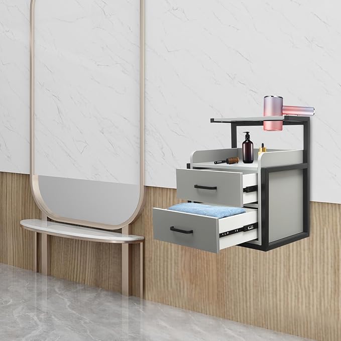 Salon Cabinet, Salon Storage Organizer with 2 Drawers, 110.23Lbs Load Capacity Salon Wall Cabinet, Hanging Styling Station Equipment for Spa, Barber Store, Locker Room, Bathroom (Black＋Grey)