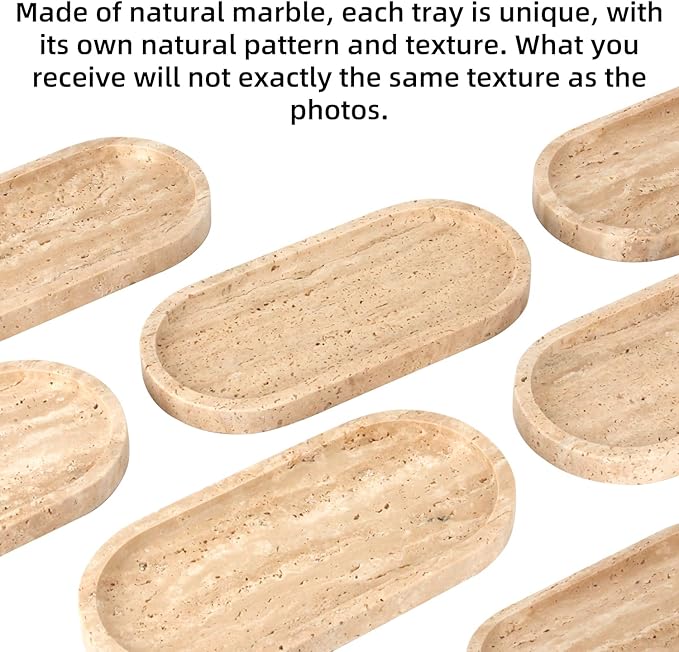 Natural Marble Tray Oval, Bathroom Vanity Tray for Countertop, Elegant Stone Decorative Organizer for Perfume, Jewelry, Home Decor (1, Travertine, 10 x 5 x 0.6)