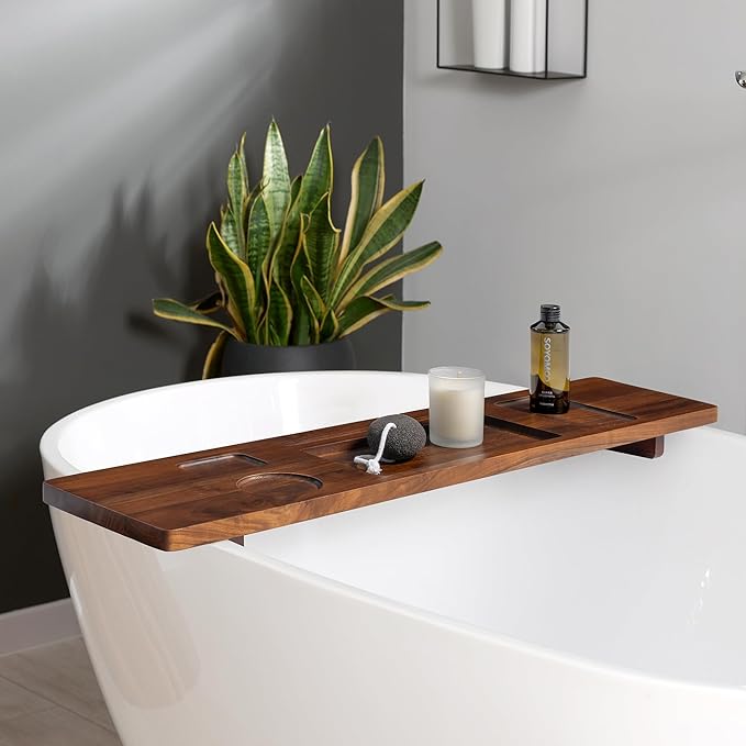 Luxury Teak Bathtub Caddy Tray - 35" Expandable Bath Bridge for Freestanding & Standard Tubs - Water-Resistant Solid Wood Spa Organizer with Wine Glass, Phone Holder & Non-Slip Grips