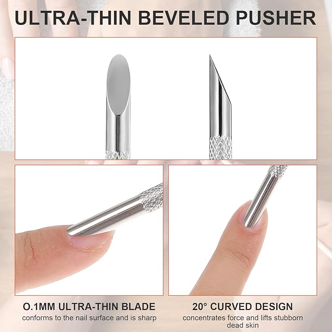 Cuticle Pusher and Cutter Remover, Professional Dual-Ended Stainless Steel Nail Cleaner with 20 Pcs Grit Sandpaper Sheets Nail Care Polish Tool for Manicure Pedicure Nail Art