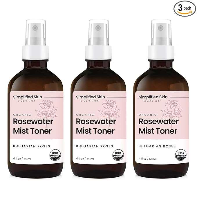 Rose Water Spray for Face & Hair – Pure USDA Organic Rosewater Toner – Refreshing Mist for Skin Care, Makeup & Locs – Natural Rose Scent, 4 Oz (3 Pack)