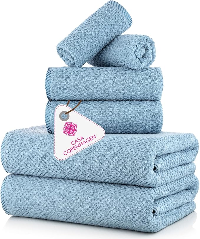 CASA COPENHAGEN Popcorn 6Pcs 100% Egyptian Cotton Large Designer Towels Gift Set- Dusty Blue, 600GSM, 2Bath 2Hand 2Washcloths, Bath Towels for Bathroom Set for Women & Men