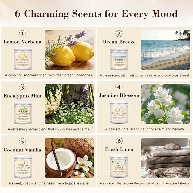 Scented Candles Gift Set for Women, 6 Pack Aromatherapy Soy Candles for Home, Coconut Vanilla, Lemon Verbena, Fresh Linen, Ocean Breeze, Eucalyptus Mint & Jasmine Blossom
