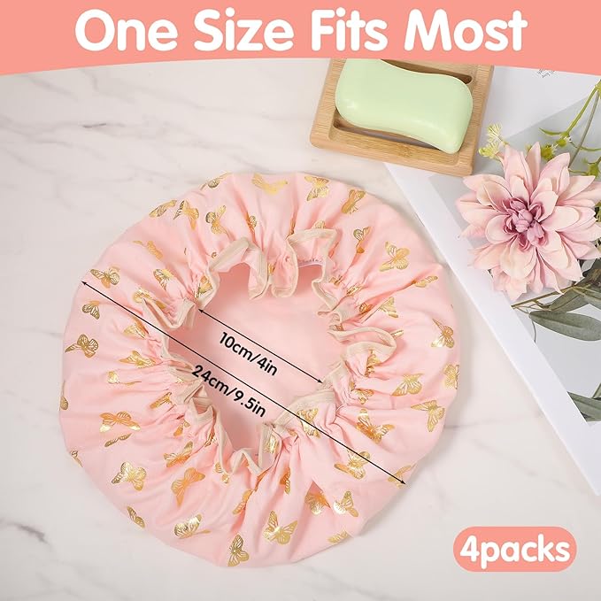 Yuanchu 4 Pcs Waterproof Shower Caps for Women, Elastic Band Bath Caps Reusable Shower Hat Double Layer Shampoo Cap for Washing Hair Bathing SPA Makeup Cooking